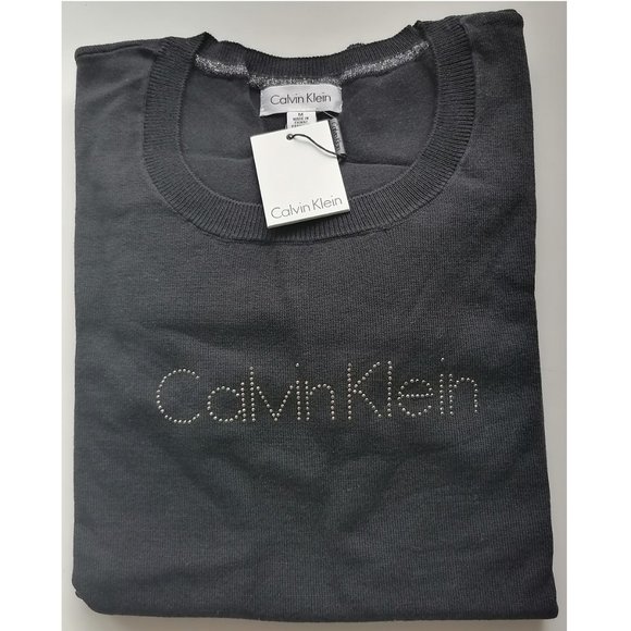 Calvin Klein Women's Rhinestone Logo Cotton Blend Sweater - Picture 2 of 4